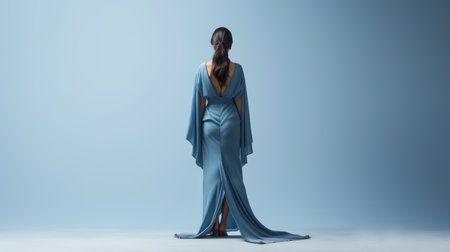 Asian Woman Standing in Blue Kimono AI Generatedの素材