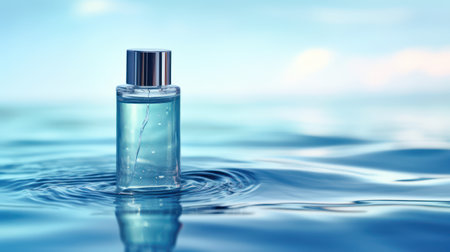 Minimalistic Blue Cosmetic Bottle on Water Surface AI Generatedの素材