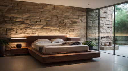 Minimalistic Bedroom Interior with Glass Partition and Window AI Generatedの素材