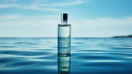Minimalistic Blue Cosmetic Bottle on Water Surface AI Generatedの素材