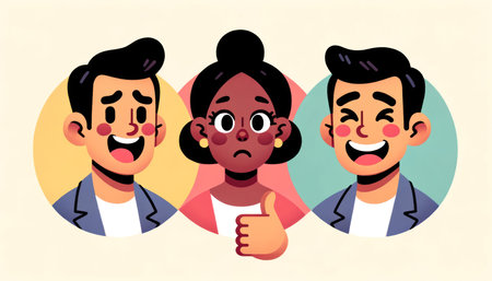 Colorful Cartoon Characters with Asian Man Giving Thumbs Up AI Generatedの素材