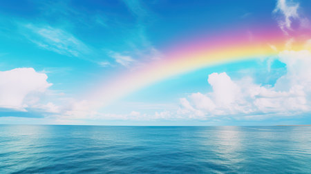 Vibrant Rainbow Over Ocean and Land AI Generatedの素材