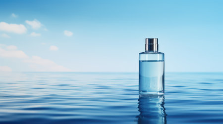 Minimalistic Blue Cosmetic Bottle on Water Surface AI Generatedの素材