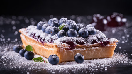Delicious Blueberry Puffed Pastry Tart with Powdered Sugar AI Generatedの素材