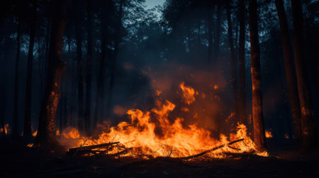 Burning Fire in Forest at Night AI Generatedの素材