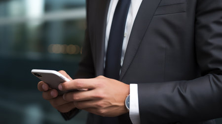 Close-Up of Businessman Using Cellphone in Minimalistic Style AI Generatedの素材