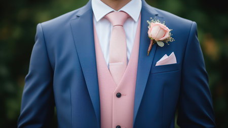 Closeup of Groom's Blue Suit and Pink Tie AI Generatedの素材