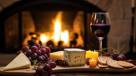 Closeup of Wine and Cheese Plate in Front of Fireplace AI Generatedの素材