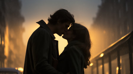 Minimalistic Superb Clean Image of a Couple Kissing in the Street AI Generatedの素材