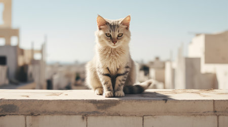 Cute Cat Sitting on Rooftop Near Staircase on Street AI Generatedの素材
