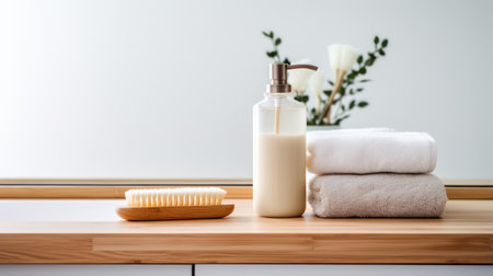 Minimalistic Wood Countertop with Toothbrush and Toiletry AI Generatedの素材