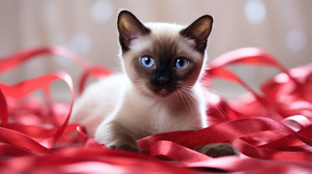 Cute Siamese Cat Playing with Red Ribbon AI Generatedの素材
