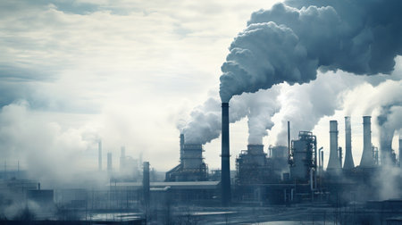 Obscured Industrial Landscape with Billowing Smoke AI Generatedの素材