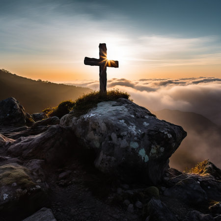 Misty Mountain Ridge with Iron Cross and Cairn of Stones AI Generatedの素材