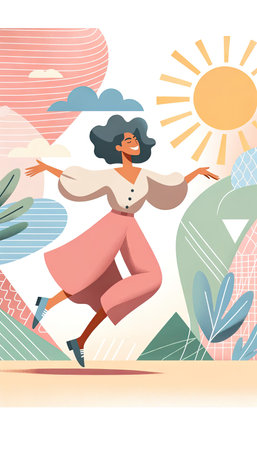 Joyous Woman Dancing Freely on a Sunny Day AI Generatedの素材