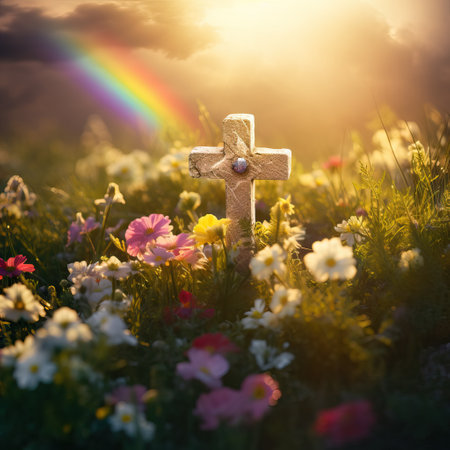 Stone Cross in Flower-Filled Meadow with Rainbow in Spring Light AI Generatedの素材