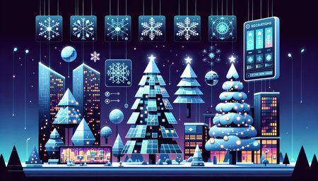 Twilight Cityscape with Modern Christmas Trees AI Generatedの素材