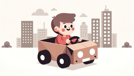 Imaginative Child Driving a Cardboard Car AI Generatedの素材