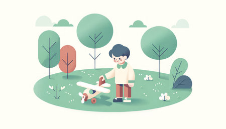 Child Playing with Toy Airplane in Park - Flat Design Illustration AI Generatedの素材