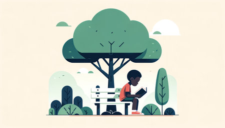 Engaging African Child Reading Storybook Under Tree in Clean Minimalistic Illustration AI Generatedの素材