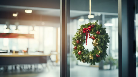 Female Employee Hanging Mini Wreath and Lights on Her Office Door AI Generatedの素材