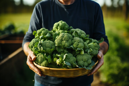 Framer Holding a Basket of Broccoli on Farm AI Generatedの素材