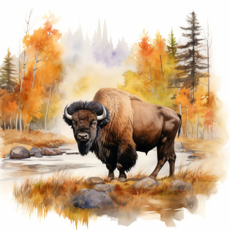 Autumn Bison in Watercolor Style AI Generatedの素材