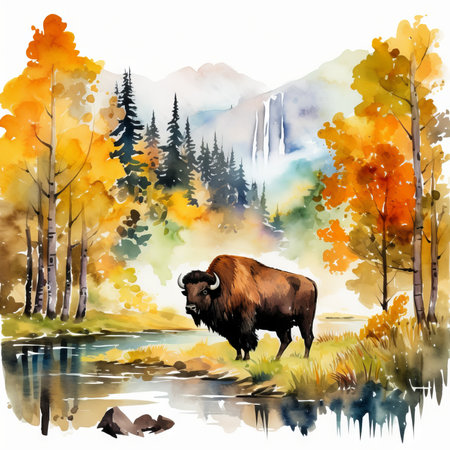 Autumn Bison Standing by Stream in Watercolor Style AI Generatedの素材
