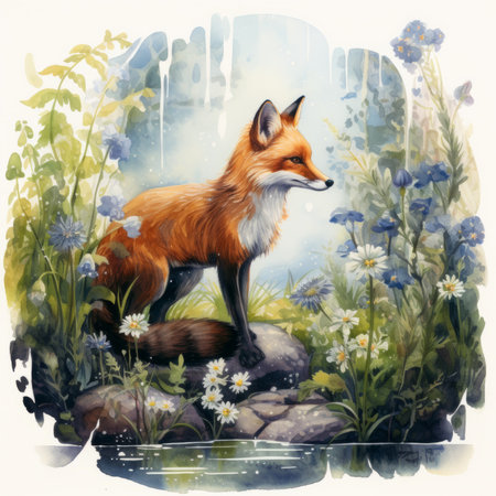 Fox Standing on Mossy Bed Next to Stream Surrounded by Blue Wildflowers AI Generatedの素材