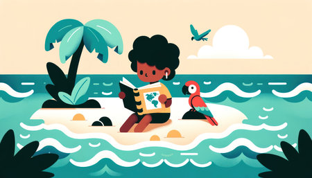 Child of Caribbean Descent Reading Book with Treasure Map on Beach AI Generatedの素材