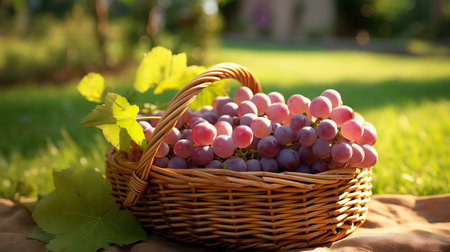 Closeup of Grapes in a Wicker Basket in a Garden AI Generatedの素材