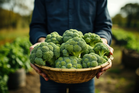 Framer Holding a Basket of Broccoli on Farm AI Generatedの素材