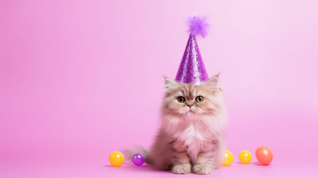 Cute Persian Cat with a Smiling Face in Party Cone AI Generatedの素材