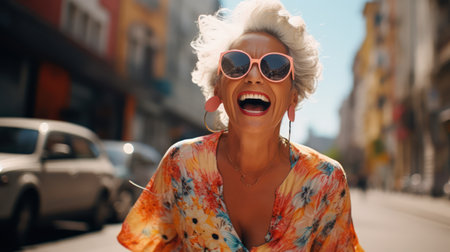 Fashionable woman with short hair and sunglasses on the street. Generative AIの素材