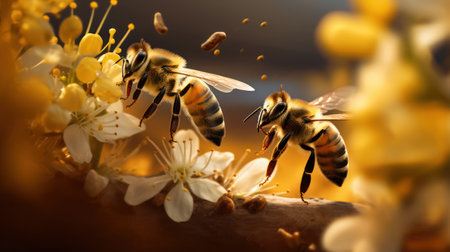 Honey bee flying and collecting pollen from blooming cherry flowers. Generative AIの素材