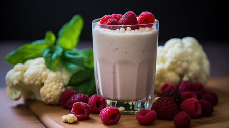Milk shake with raspberries and cauliflower on a wooden table Generative AIの素材