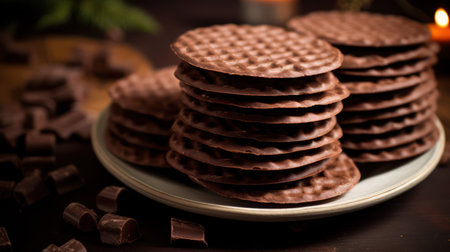 Chocolate cookies on a plate on a wooden background. Selective focus.の素材