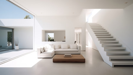 Interior of modern living room with white walls, concrete floor, white sofa and wooden coffee table. 3d rendering Generative AIの素材