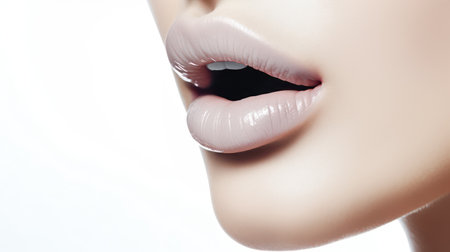 Closeup portrait of beautiful female lips. Perfect make up. Perfect skin. Generative AIの素材