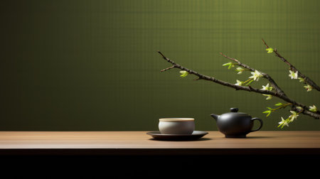 Coffee cup and cherry blossom on wooden table with green background Generative AIの素材