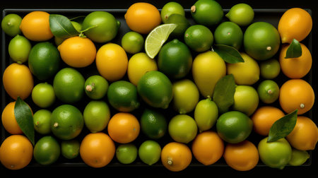 Citrus fruits on a black background. Orange, lime, lemon. Generative AIの素材