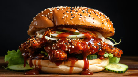 Bacon burger with chicken and vegetables on black background. Close-up. Generative AIの素材