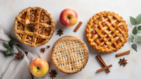 Apple pie with cinnamon and anise on a white marble background. Generative AIの素材