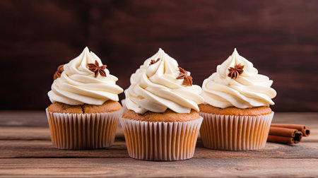 Cupcakes with whipped cream and cinnamon on a wooden background. Generative AIの素材