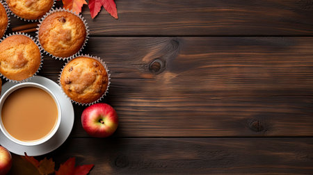 Cup of coffee and muffins with autumn leaves on wooden background Generative AIの素材