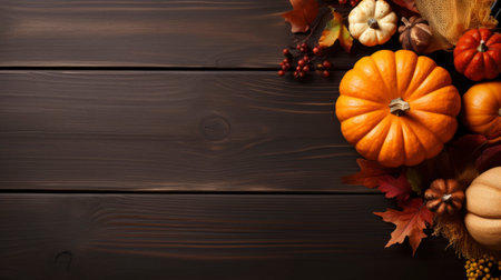 Autumn background with pumpkins, leaves and berries on wooden table Generative AIの素材