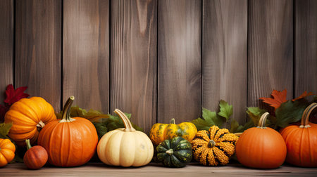 Autumn pumpkins and leaves on wooden background. Space for text Generative AIの素材