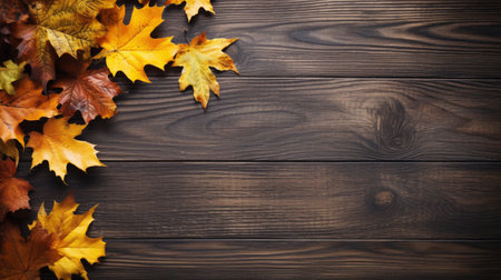Autumn leaves on wooden background. Top view with copy space. Generative AIの素材