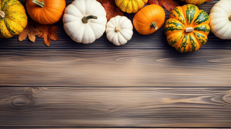 Autumn background with pumpkins and leaves on wooden board. Top view with copy space Generative AIの素材