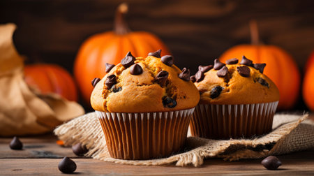 Chocolate muffins with chocolate chips and pumpkins on wooden background Generative AIの素材